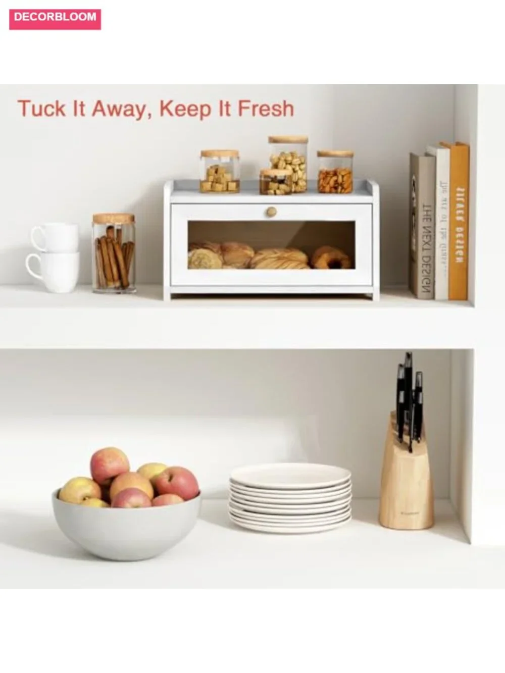 White Bread Box for Kitchen Countertop, Bamboo Storage with Magnetic Door